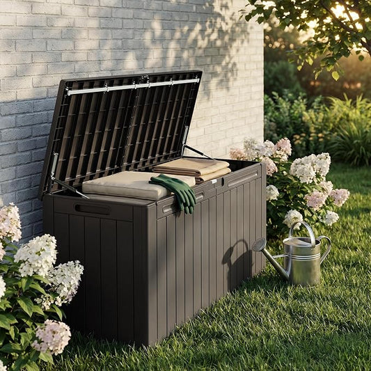 110 Gallon Deck Box Outdoor Indoor Waterproof Storage Box for Patio Furniture, Pool Accessories, Garden Tools, and Cushion Storage, Brown