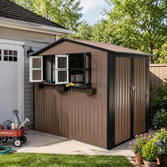 6x9 FT Outdoor Storage Shed with 2 Clear Openable Windows,Waterproof Metal Building Backyard Shed w/Windowsill & Garden Bed Flower Rack,Lockable Double Doors Tool Shed,for Yard,Brown