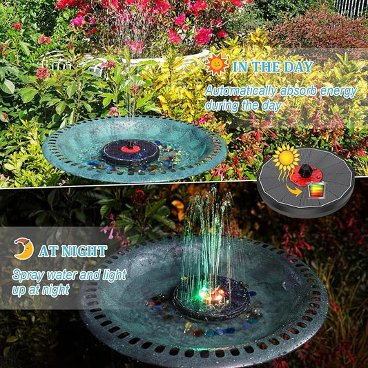 Solar Bird Bath Fountain,Upgrade 3.5W Glass Panel Solar Fountain with 2200mAh Backup Battery, Colorful LED Lights,8 Spray Mode, 4 Fixed Rods for Garden, Pond, Pool,Patio Outdoor Water Feature