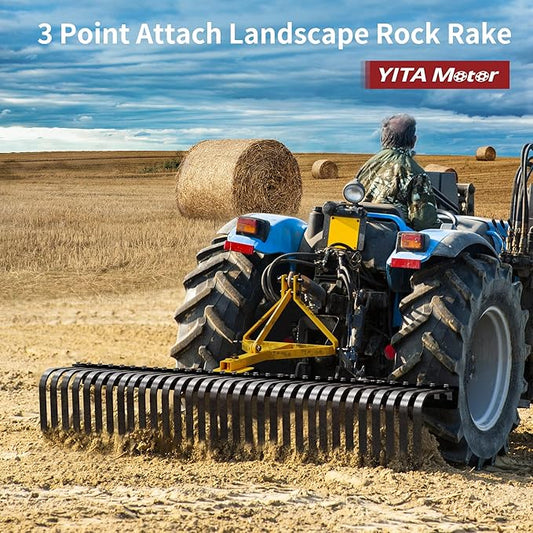 YITAMOTOR 3 Point Landscape Rock Rake for Category 1, 5 FT Attach Tractor Rake with 360 Degree Rotation, Tow-Behind Lawn Garden Tool Attachment for Compact Tractors | 5 FT Attach Tractor Rake with 360 Degree Rotation, Tow-Behind Lawn Garden Tool Attach...