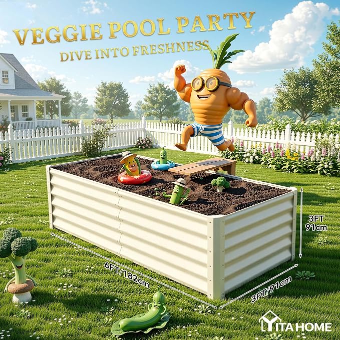 YITAHOME 6x3x3ft Large Raised Garden Bed Kit, Galvanized Metal Planter Box with Gloves, Support Rod, Outdoor Above Ground Planters for Plants Vegetables Flowers, Cream Yellow