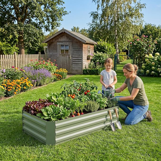 Aoodor 4 x 2 x 1 ft Outdoor Raised Garden Bed, Reinforced Galvanized Steel Planter Box for Vegetables, Flowers,Fruits and Herbs