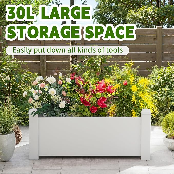 PatioZen 14 Gallon Raised Garden Bed, Self-Watering Raised Planter Box with Drainage Plug & Gauge for Vegetables Flowers Herbs Succulents, Rustproof Resin for Backyard Patio Porch (Ashen)