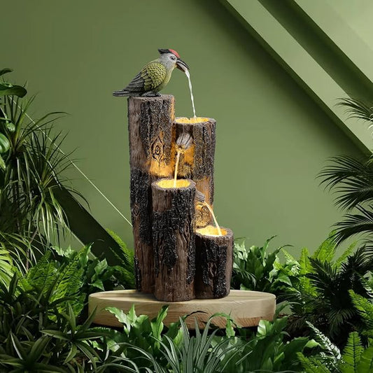 GOSSI Water Fountain Outdoor with Hummingbird, Cascading Waterfall Fountain, Rustic Log Design with LED Lights for Garden Decor