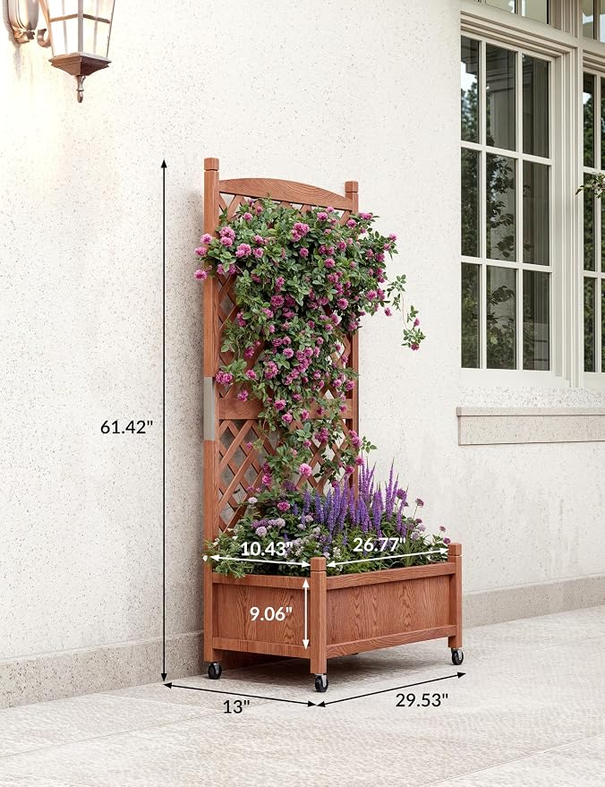 Wooden Raised Planter Box with Trellis and Wheels, 75x33x150Cm Privacy Screen Planter for Patio Garden