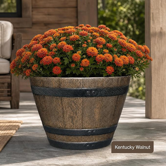 Whiskey Barrel Planters, Wood Finish Flower Planter Pot, Stylish Indoor & Outdoor Resin Garden Pots, Weather-Resistant Planting Pot (20.5" Kentucky Walnut, 1- Pack) | Wood Finish Flower Plant Pots, Indoor & Outdoor Planter, Weather-Resistant, Great for...