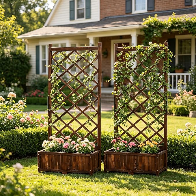 Anraja Raised Garden Bed with Trellis Wooden Flower Standing Planter Box Set of 2 Outdoor Wood Compact Lattice Panels Privacy Screen for Climbing Plant Patio Tomato Vegetable Herb Balcony Porch 67" H