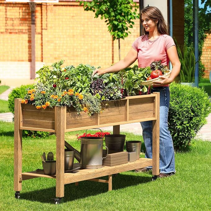 DWVO 47x18x31in Raised Garden Bed Outdoor HDPE with Legs and Lockable Wheels, Weather-Resistant Poly-Wood Elevated Planter Box, Herb Garden Bed for Backyard Patio Balcony, Brown