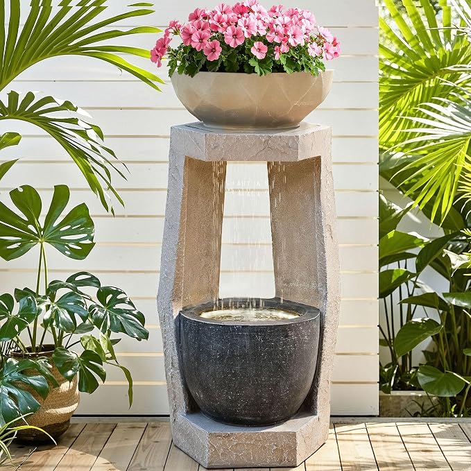 32" Modern Geometric Outdoor Fountain with Birdfeeder | Two Bowls Water Feature with LED Lights, Resin Soothing Cascading Waterfall for Patio, Backyard, Garden or Porch