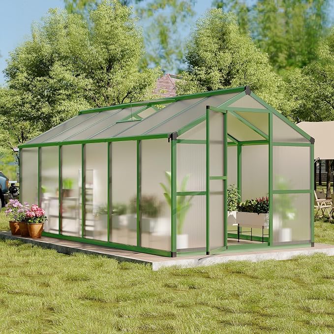 8x10 FT Greenhouse, Greenhouses for Outside, Polycarbonate Greenhouse with Aluminum Frame, Lockable Door and Ajustable Roof Vent for Backyard, Green Houses for Outside Garden Backyard, Patio