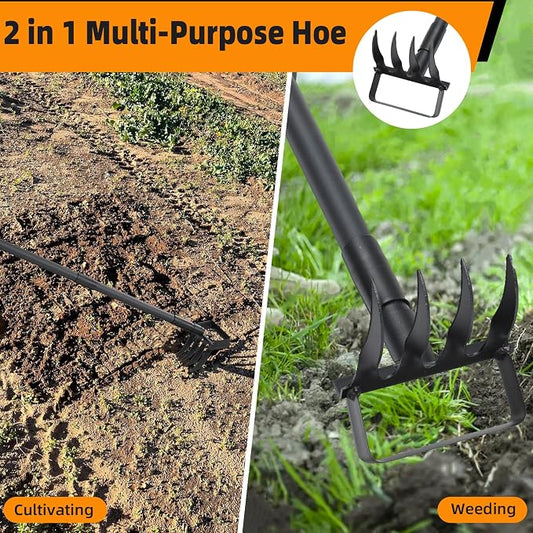 Weed Puller with 62.6” Adjustable Long Handle, Heavy Duty Stirrup Hoe, 4 Tines 2 in 1 Garden Cultivator for Weeding and Soil Loosening, Black