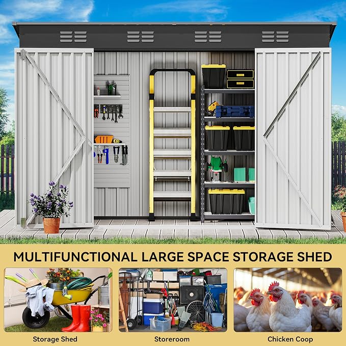 DWVO 9x4ft Metal Outdoor Storage Shed, Lockable Tool Storage Sheds, Oversized Steel Garden Sheds with Sloped Roof for Backyard, Patio, Garage, Lawn, Dark Gray