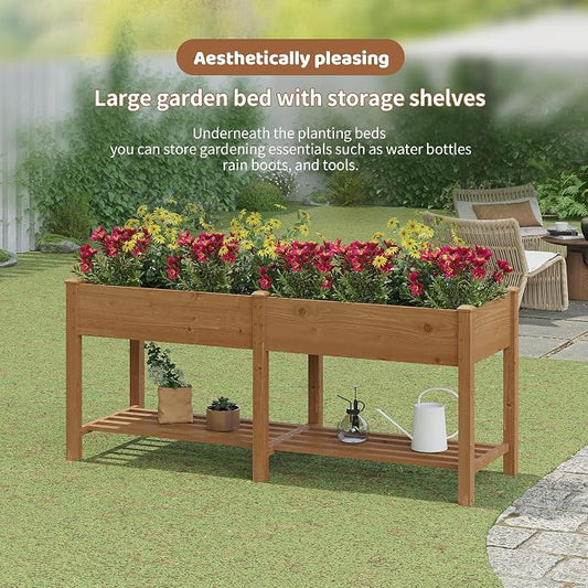 Raised Garden Bed with Legs Elevated Wooden Planter Box Stand Large Planter Stand Box for Fruits Vegetables Flowers with Divider with Bag- 72 * 24 * 30.5IN(Brown)