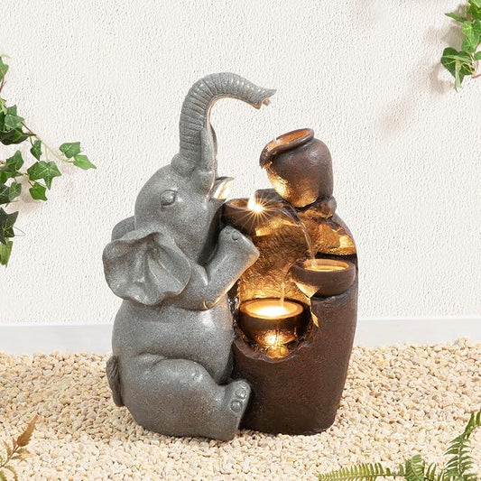 Glitzhome Outdoor Water Fountain, 4-Tiered Elephant and Pot Outdoor Fountain with Lights, 18.5" H Polyresin Decorative Waterfall Feature Garden Fountain with Pump for Patio, Yard, Deck, Porch Decor