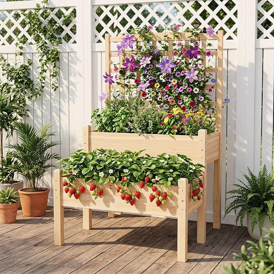 Giantex Raised Garden Bed with Trellis, 2-Tier Elevated Planter Box for Climbing Plants, Flowers, Vegetables, Herbs, Outdoor Wooden Vertical Garden Bed with Drainage Holes, for Patio Backyard Balcony