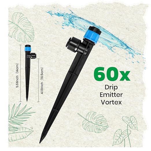 MIXC 60pcs Quick-Connect Drip Irrigation Emitters Fan Shape for 1/4" Drip Irrigation Tubing - Adjustable Push-to-Connect 360° Drip Emitters Vortex on 5.5" Sturdy Stake for Irrigation System