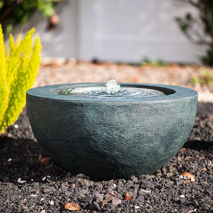 XBrand 9.65" H Round Sphere Water Fountain Indoor/Outdoor with LED Light, Polyresin Bubbler Feature for Patio, Yard, Home Décor - Dark Green, Tranquil Serene Garden Accent