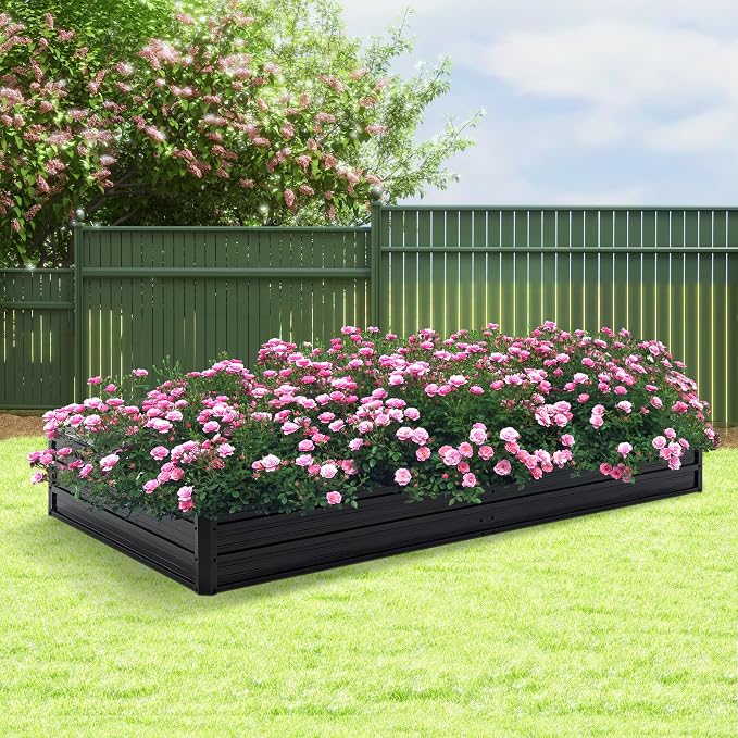 Thanaddo Galvanized Raised Garden Bed 8x4x1ft Outdoor Planter Box Galvanized Steel Garden Bed Kit for Vegetables, Flowers, Herbs and Succulents Black