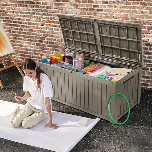 DWVO 180 Gallon XL Deck Box with Divider & Lockable Lid, Waterproof Resin Outdoor Storage for Patio, Garden, Poolside, Cushions, Supplies & Sports Gear, Light Brown