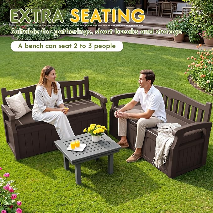 Greesum 80 Gallon Outdoor Storage Bench Deck Box with Cushion & Armrest, Lockable, Waterproof UV Resistant, Comfortable Seating for Patio, Pool, Garden, Brown