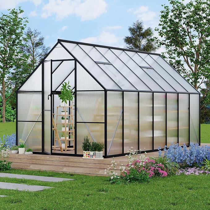 GarveeLife 8 ft x14 ft Aluminum-Framed Polycarbonate Greenhouse, Heavy Duty Polycarbonate Greenhouse with Quick Setup Structure and Roof Vent, Large Enhanced Aluminum Green House Kit for Outdoors