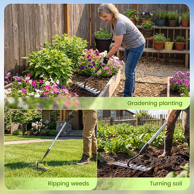 Iron Weeding Rake with Long Handle - Upgraded Rake 8 Teeth Weed Puller Tool, Heavy Duty Manual Weeder Remover Tool for Weeding, Cultivating & Soil Aeration