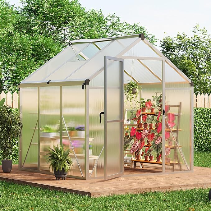 6x6 FT Outdoor Greenhouses, Accessible Greenhouses with Roof Vents and Sliding Doors, Aluminum Frame Polycarbonate Material, Large Greenhouse for Outdoor Gardens and Backyards