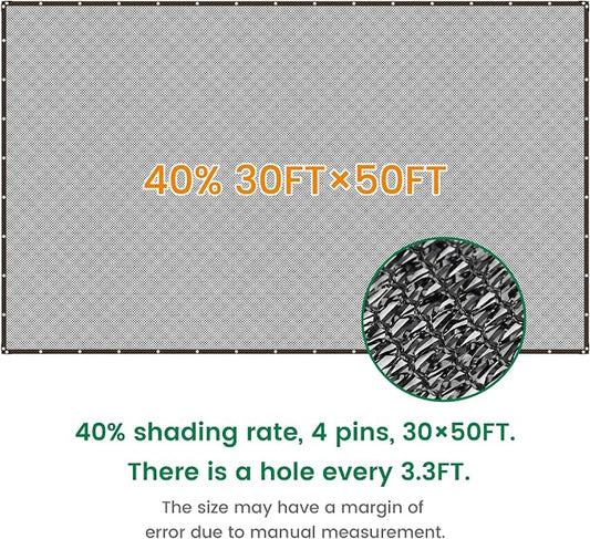Shade Cloth, 30FT X 50FT 40% Black Outdoor Woven Sun Shade with Grommets, Durable Breathable Netting Shading Antifreezing for Patio, Garden, DIY Home, Plants Cover, Greenhouse, Dog Kennel