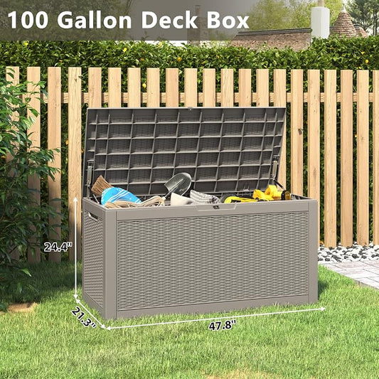 NUNU LAB 100 Gallon Large Waterproof Resin Deck Box, Lockable Outdoor Storage Box with Gas Lift, Patio Cushions, Garden Tools, Pool Supplies, Indoor Outdoor Storage Container, Grey