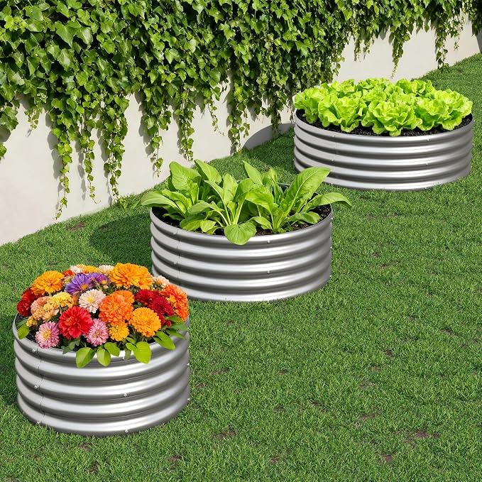 3Pack 4x4x1ft Galvanized Raised Garden Bed, Planter Raised Garden Beds Outdoor, Round Clearance Raised Garden Beds for Gardening Vegetables……