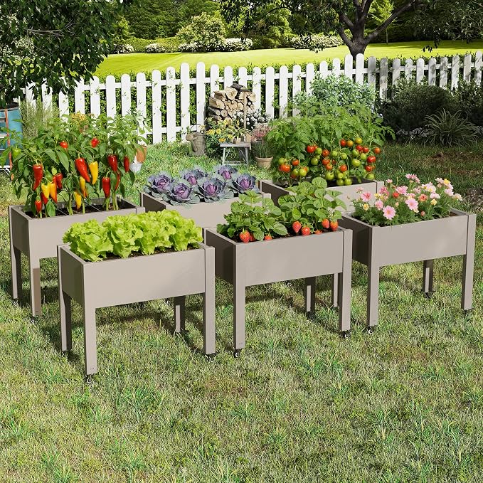 Fancyango Raised Garden Bed with Wheels 26.3" Hx2 -Gray | Resin Elevated Garden Planter Box with Drainage, Outdoor Planter Box for Veggies Herbs Patio Balcony Backyard