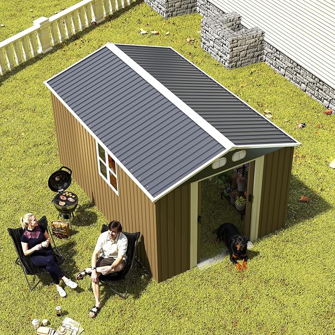 KEIKI 8x12 FT Outdoor Storage Shed, Heavy Duty Metal Garden Shed with Lockable Sliding Doors, Air Vents & Sloped Roof, Waterproof Backyard Tool Shed for Lawn Equipment, Patio Furniture, Brown
