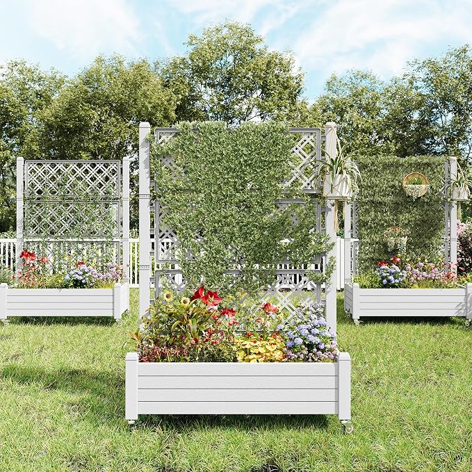 Fancyango Raised Garden Bed with Wheels 61.2" Hx2 -Ashen | Resin Elevated Garden Planter Box with Trellis, Outdoor Planter Box for Veggies Herbs Patio Balcony Backyard