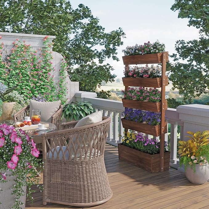Vertical Raised Garden Bed,5 Tier Wooden Garden Planters,Adjustable Freestanding Plant Stand Flower Rank,Wooden Planters for Outdoor Indoor Balcony Garden,Herb Vegetables Flowers,33x17x66,Brown