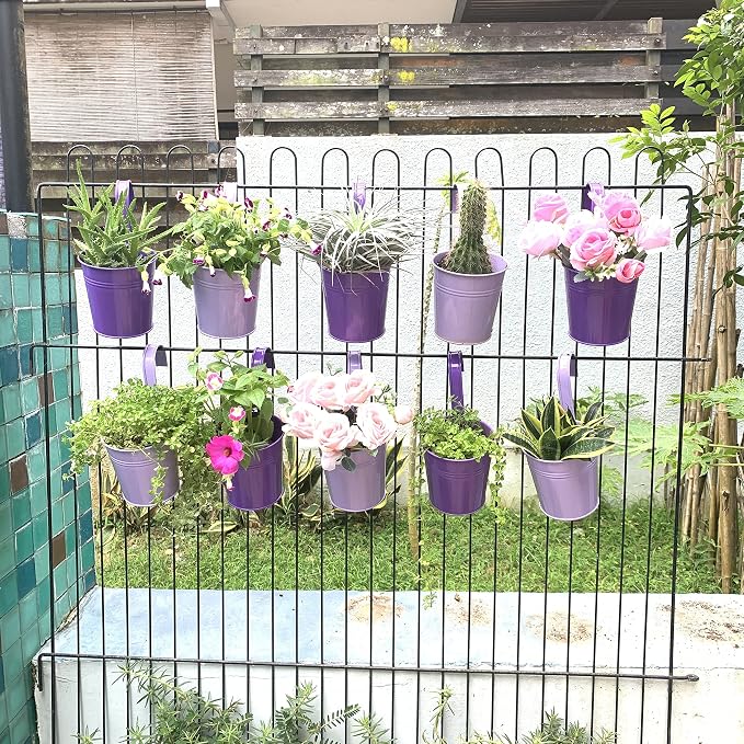 LaLaGreen Outdoor Rail Planter (4 in, 10 Pack) Purple Metal Railing Pots | Rail hanging planters for balcony, apartment, patio, porch, deck, herb, succulent, cactus pots, outdoor plants