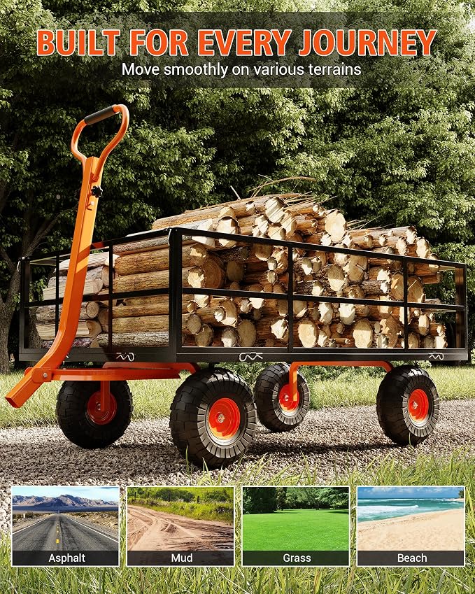 Garvee Steel Garden Cart, 1200 LBS Capacity Utility Outdoor Wagon, Heavy Duty Mesh Garden Wagon with Removable Sides, 2-in-1 Handle, 13" Tires for Yard, Lawn, Garden