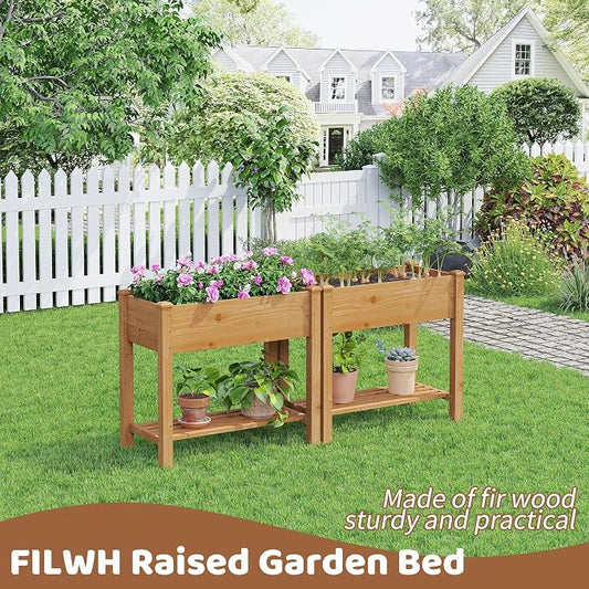 Raised Garden Bed with Legs Elevated Wooden Planter Box Stand Large Planter Stand Box for Fruits Vegetables Flowers with Divider with Bag - 34x18x30.5IN(Brown)