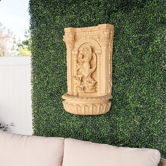 XBrand 30.3" Solar Pot Fountain, Tall Brown Maiden Holding Pot Wall Fountain, Outdoor Water Fountain, Polyresin