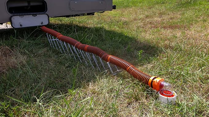 Camco Aluminum Sewer Hose Support, Supports Sewer Hoses Up to 10', Includes Strap Kit to Secure Your Hose in Place, Durable Construction, Lightweight Design, 40351