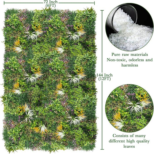 ODTORY Artificial Greenery Grass Wall Panels: 6FT x 12FT(72 SQFT) | UV-Anti, Faux Ivy Privacy Fence Screen, Boxwood Backdrop, Vine Leaf Hedges Roll, Patio/Balcony/Garden/Backyard, Green Decor