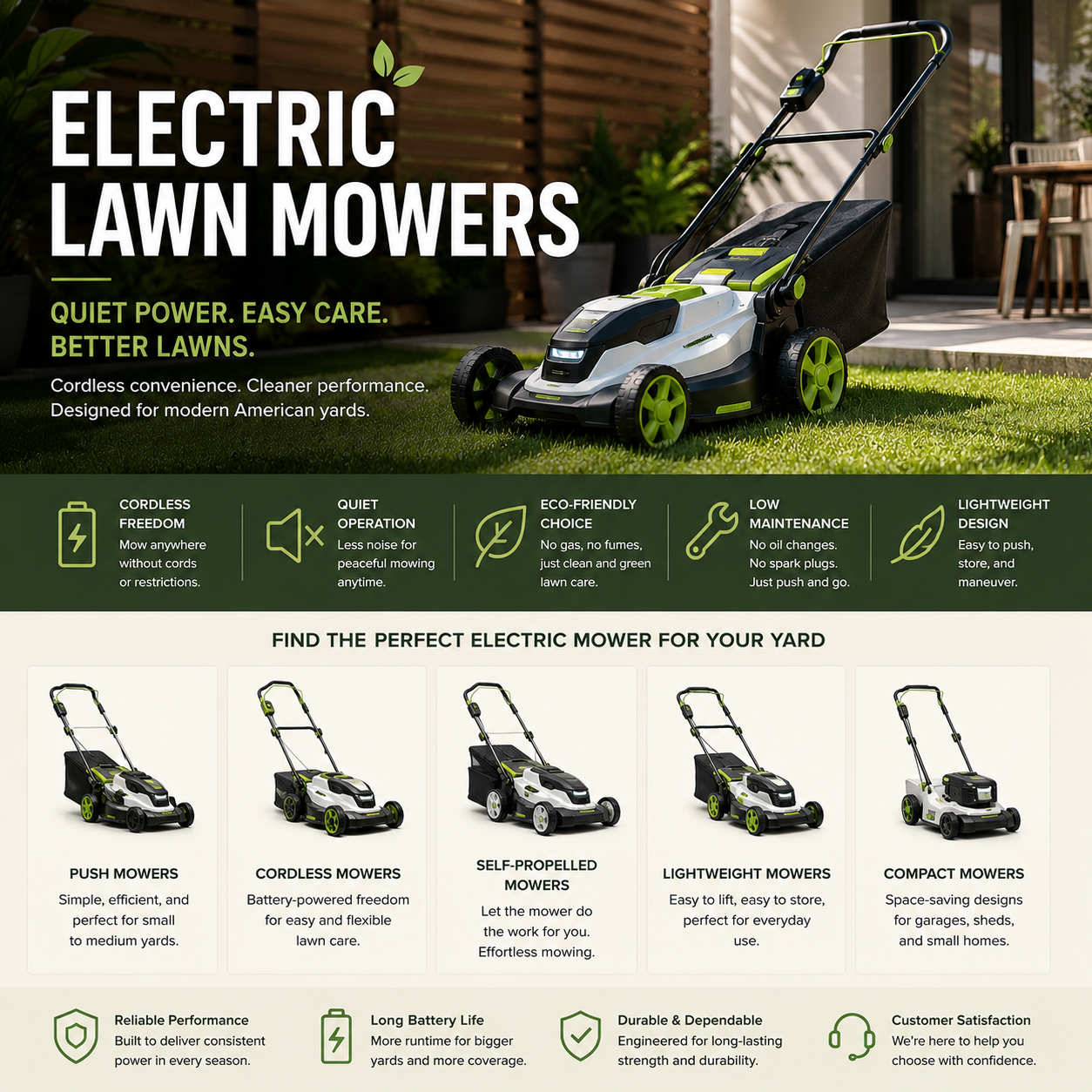 Cordless electric lawn mowers for quiet lawn care, backyard grass cutting, battery powered mowing, and modern outdoor yard maintenance