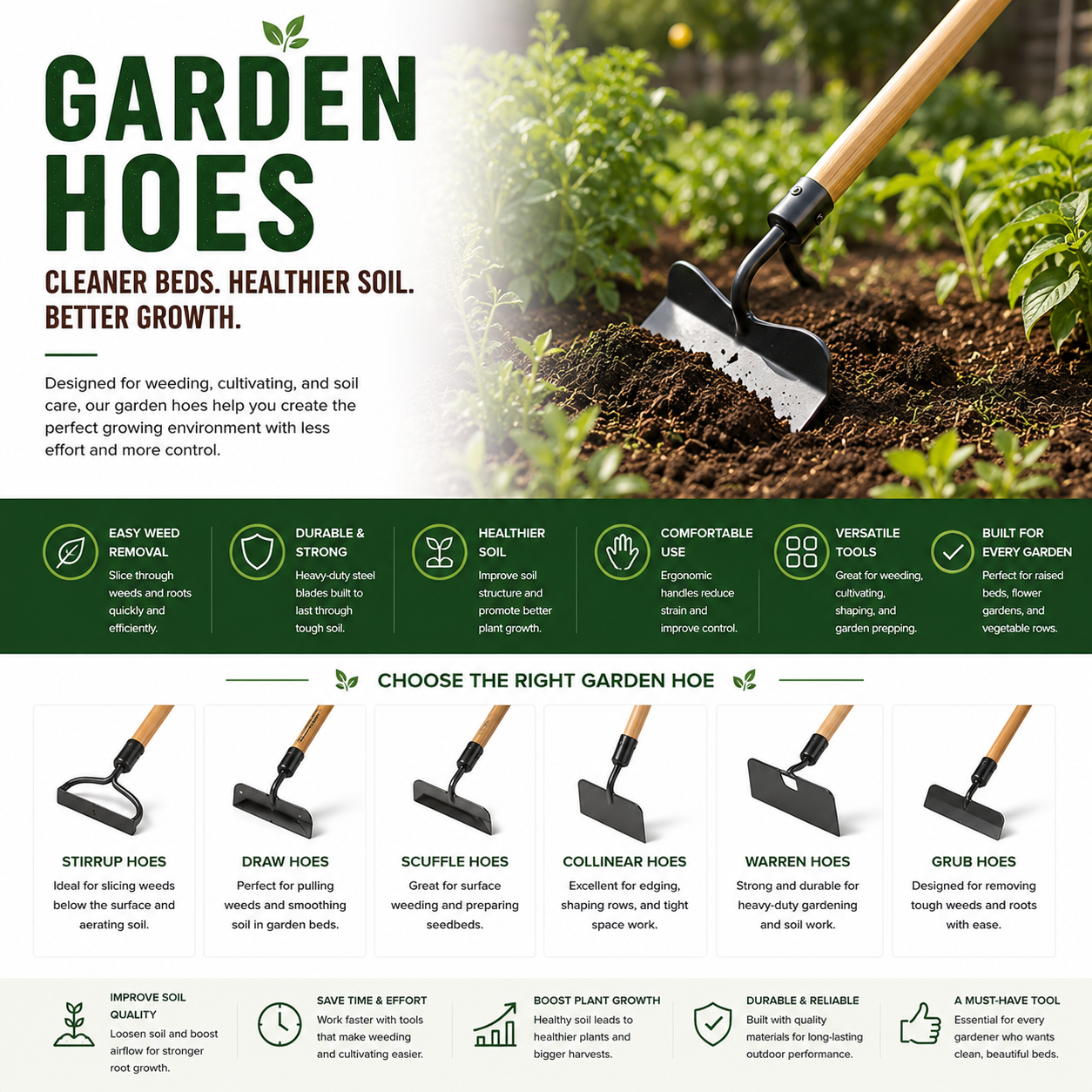 Garden hoes for weeding, soil cultivation, backyard gardening, flower bed maintenance, and outdoor landscaping tools