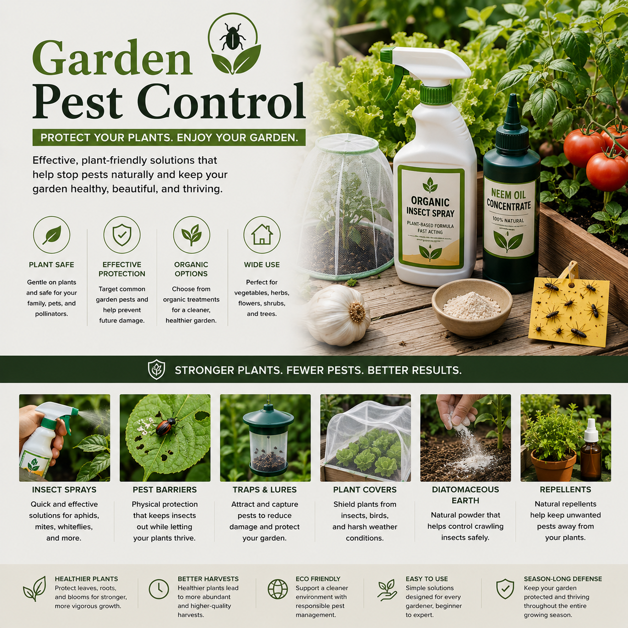 Garden pest control products with organic insect spray, plant protection covers, pest barriers, traps, repellents, healthy vegetables, herbs, and protected backyard garden beds