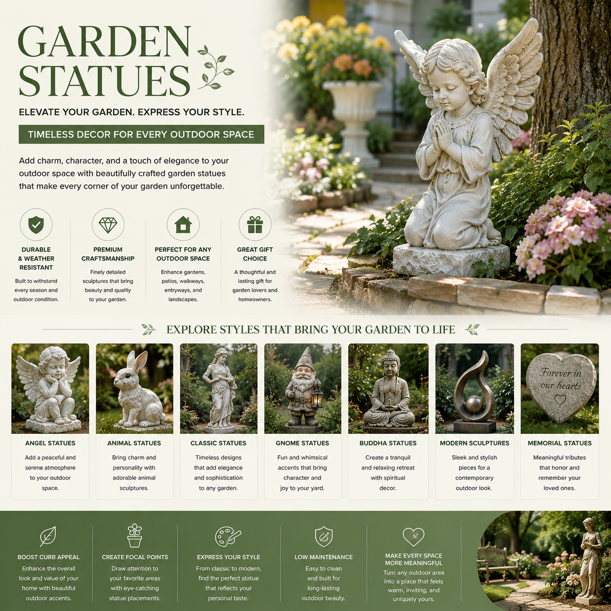 Garden statues for outdoor decor, stone garden sculptures, backyard accents, patio decoration, lawn decor, and elegant garden design
