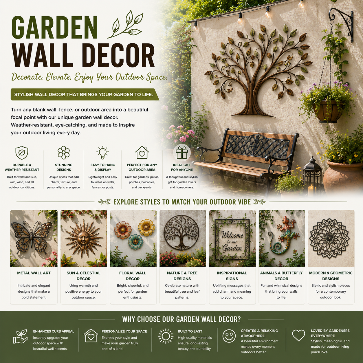 Garden wall decor for patios, outdoor wall art, backyard fence decorations, metal garden accents, and stylish outdoor living spaces