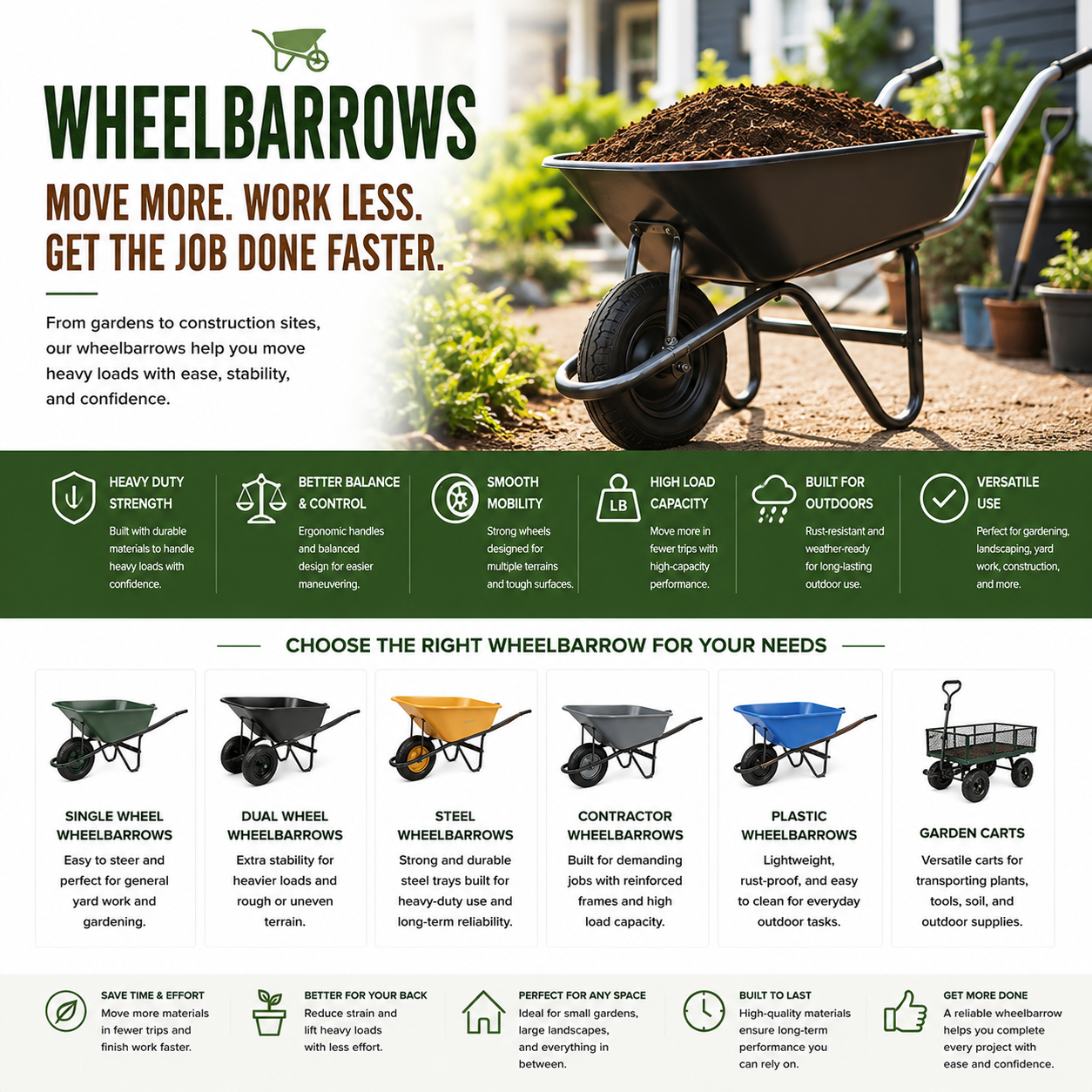 Heavy duty wheelbarrows for gardening, landscaping, hauling soil, backyard yard work, and outdoor material transport tools
