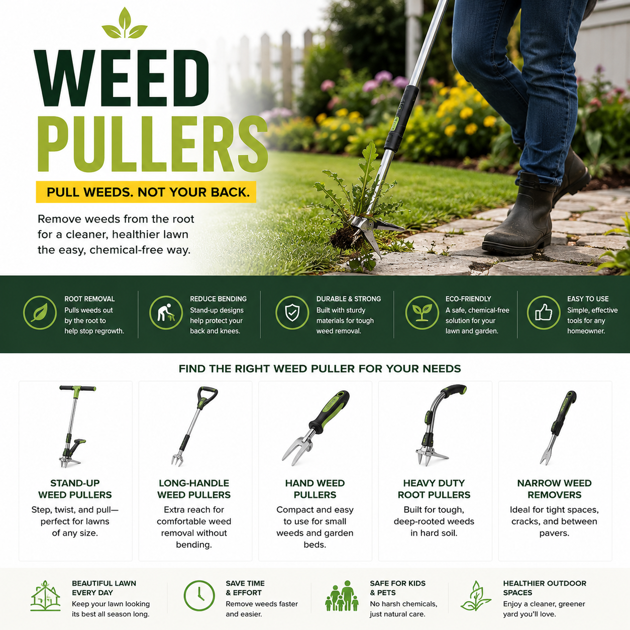 Manual weed pullers for root removal, chemical free lawn care, backyard weed control, and garden maintenance tools