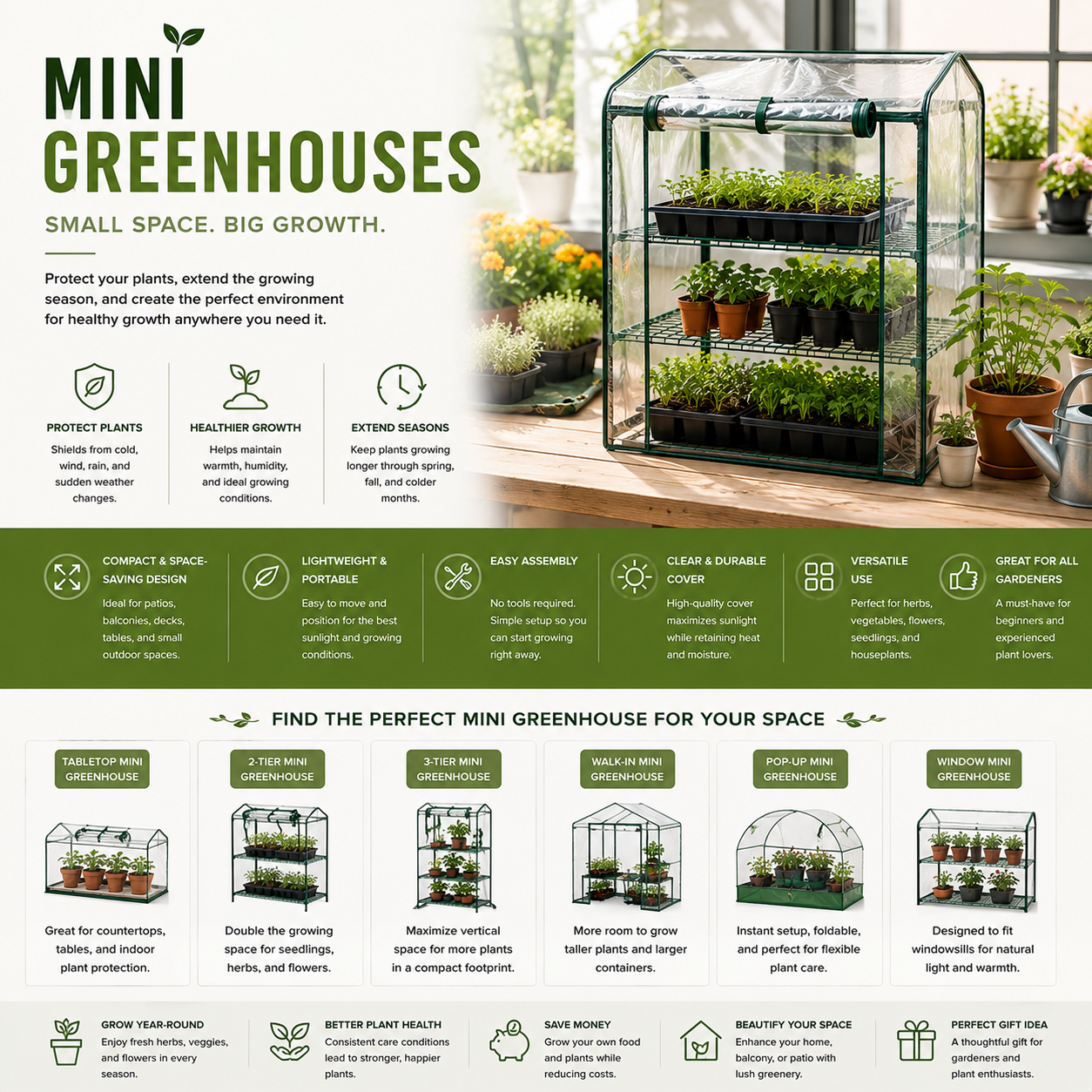 Mini greenhouses for compact gardening, portable plant protection, balcony gardens, seed starting, and year-round growing environments
