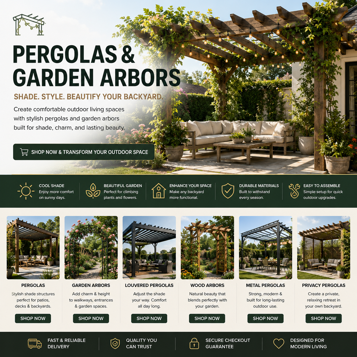 Modern backyard pergola and garden arbor with outdoor seating and climbing plants