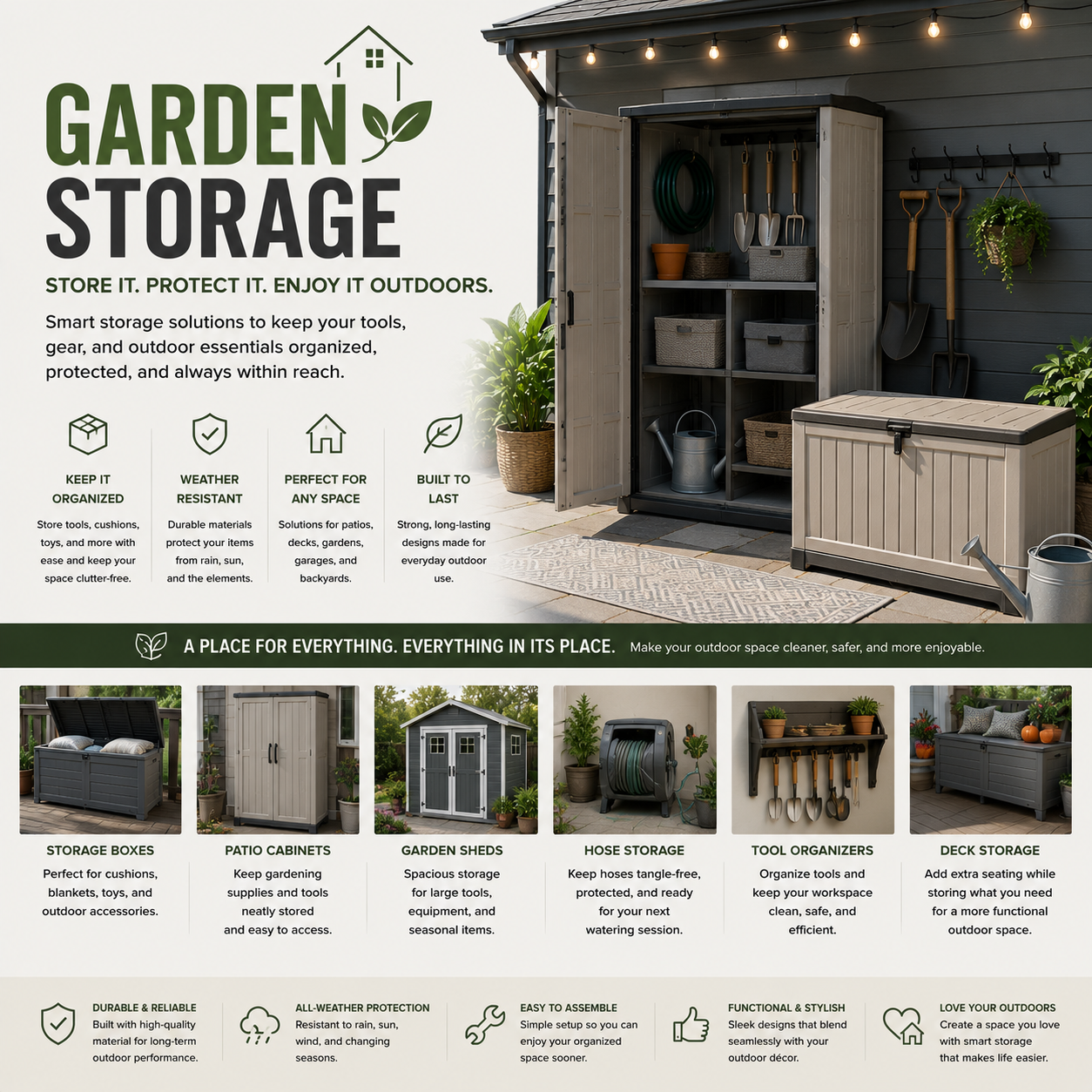 Modern garden storage with outdoor storage boxes, patio cabinets, garden sheds, organized gardening tools, hose storage, and clean backyard outdoor living setup